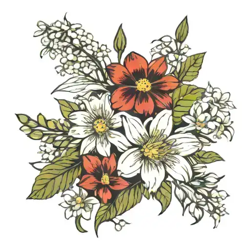 Daisy, waterlilies, violets, gladiolus tattoo design idea