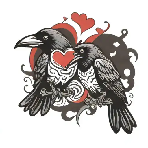 2 crows flying  holding hearts tattoo design idea