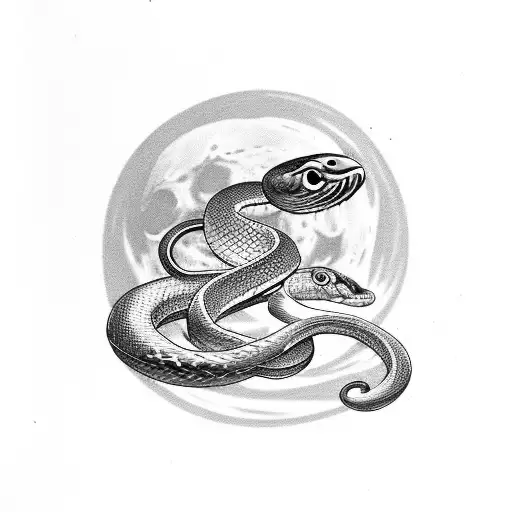 Snake with Birds and a moon, shaded black with fangs and designed for an arm tattoo design idea