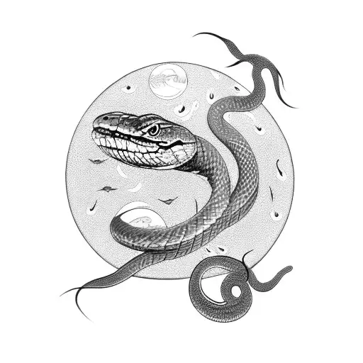 Snake with Birds and a moon, shaded black with fangs showing  tattoo design idea