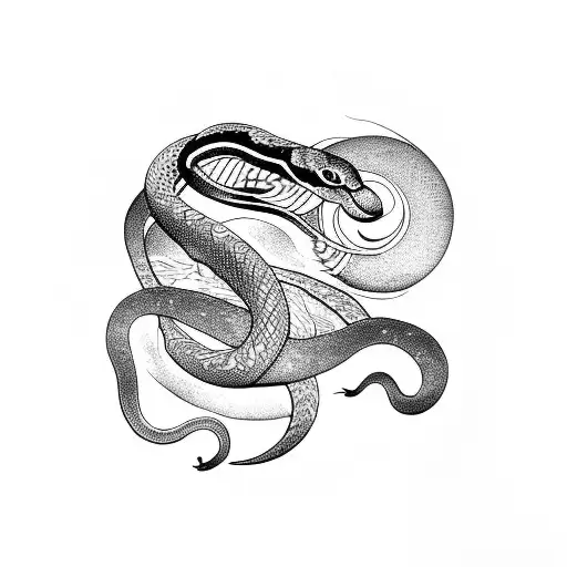 Snake with Birds and a moon, shaded black  tattoo design idea