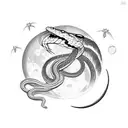 Vicious snake with birds flying around it and a moon  tattoo design idea