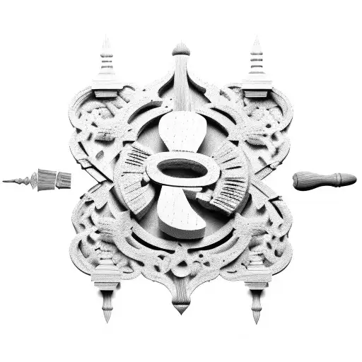 A beautifully carved wooden sculpture surrounded by tools of the craftsman trade tattoo design idea