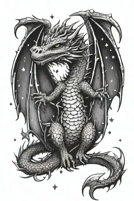 tattoo sketch of a small dragon with stars forming tattoo design idea