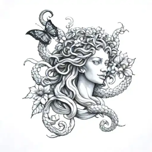 medusa, exotic flower garden, little stone animals tattoo design idea