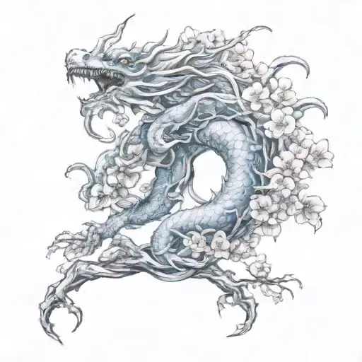 blue dragon, cherry blossom tree intertwined tattoo design idea