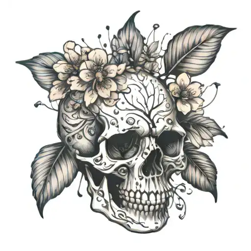 A stylized skull with delicate cherry blossoms floating around it, symbolizing the fleeting nature of time tattoo design idea