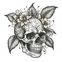 A stylized skull with delicate cherry blossoms floating around it, symbolizing the fleeting nature of time tattoo design idea