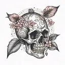 A stylized skull with delicate cherry blossoms floating around it, symbolizing the fleeting nature of time tattoo design idea