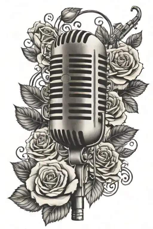 music notes microphone surrounded by musical roses singing tattoo design idea