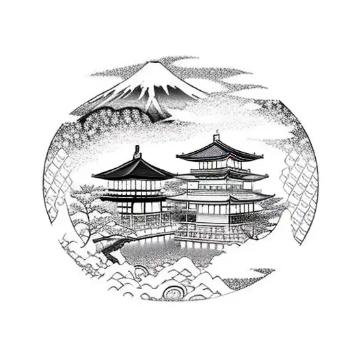 Japanese garden with Mount Fuji in the background. A torii gate next to a flowing river. Cherry blossom tree.  tattoo design idea