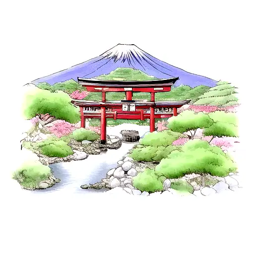 Japanese garden with Mount Fuji in the background. A torii gate next to a flowing river. Cherry blossom tree.  tattoo design idea