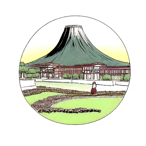 Japanese garden with Mount Fuji in the background. A torrid  tattoo design idea