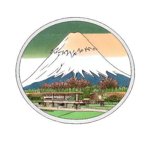 Japanese garden with Mount Fuji in the background. A torrid  tattoo design idea