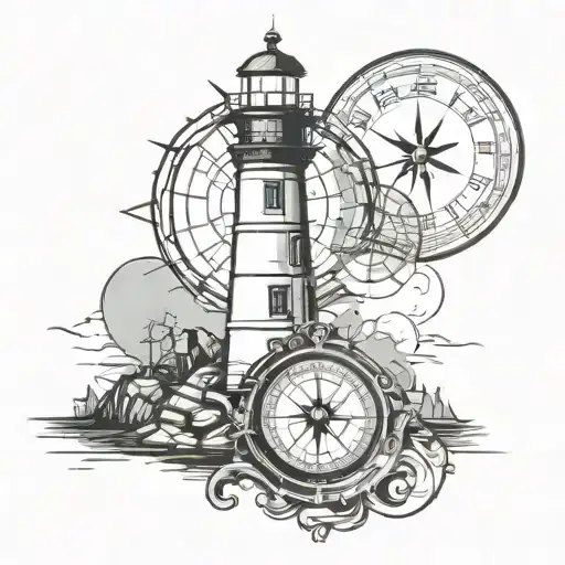 Lighthouse and moonlight with compass tattoo design idea