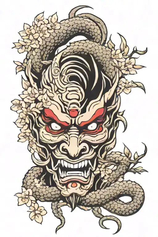japanese dragon sakura tree oni mask with snake tattoo design idea
