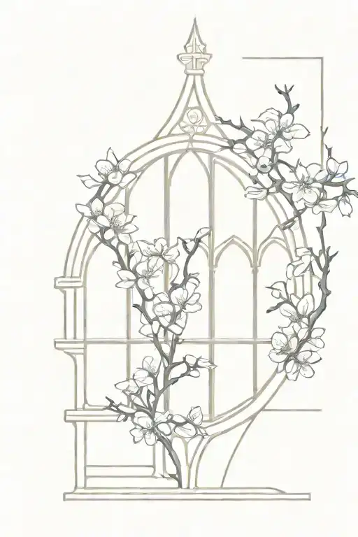 neo gothic windows and cherry blossoms on the background  tattoo design idea