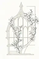 neo gothic windows and cherry blossoms on the background  tattoo design idea