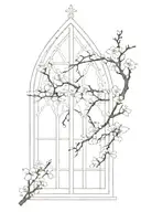 neo gothic windows and cherry blossoms on the background  tattoo design idea