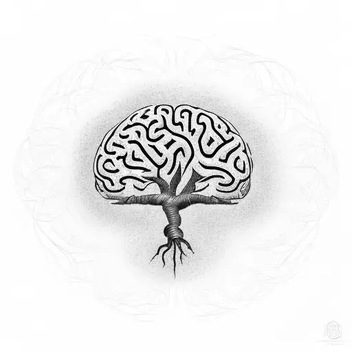 A tree of life with roots forming the shape of a brain, symbolizing the interconnectedness of nature and mental well-being tattoo design idea