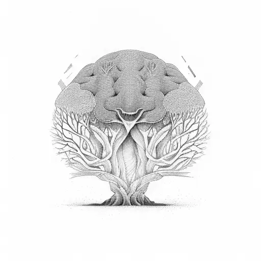 A serene forest with trees forming the shape of a brain, representing the connection between nature and mental well-being tattoo design idea