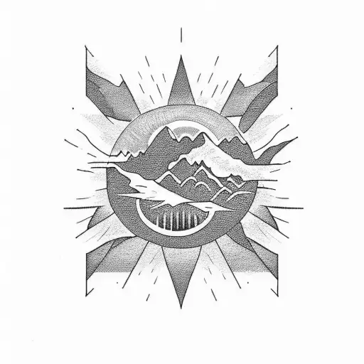 A majestic mountain range with a sun rising behind it, symbolizing strength and new beginnings tattoo design idea