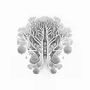 A serene forest with trees forming the shape of a brain, representing the connection between nature and mental well-being tattoo design idea