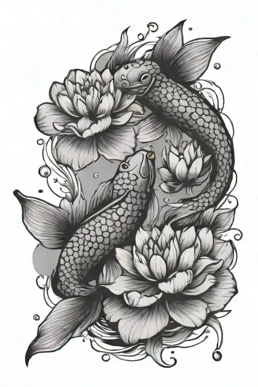Water, 2 koi fish, lotus flowers, minimalistic tattoo design tattoo design idea