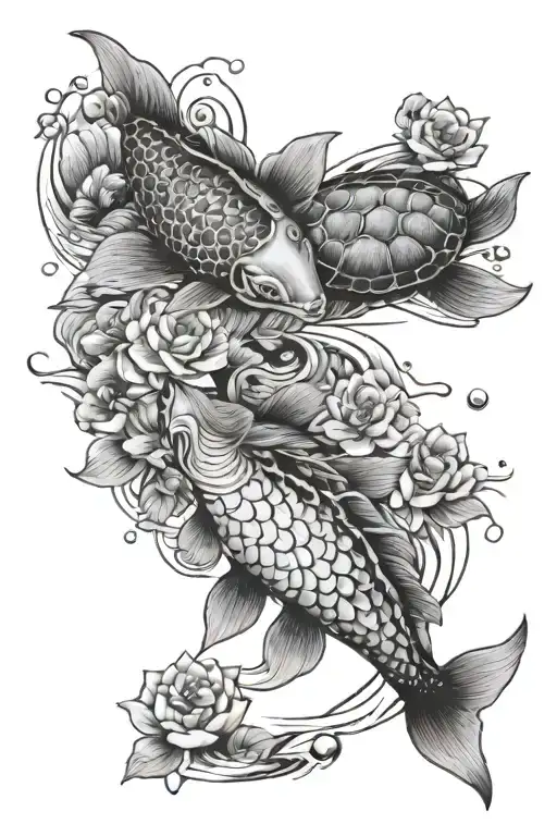 water themed, 2 koi fish, 1 sea turtle swimming, small lotus flowers tattoo design idea