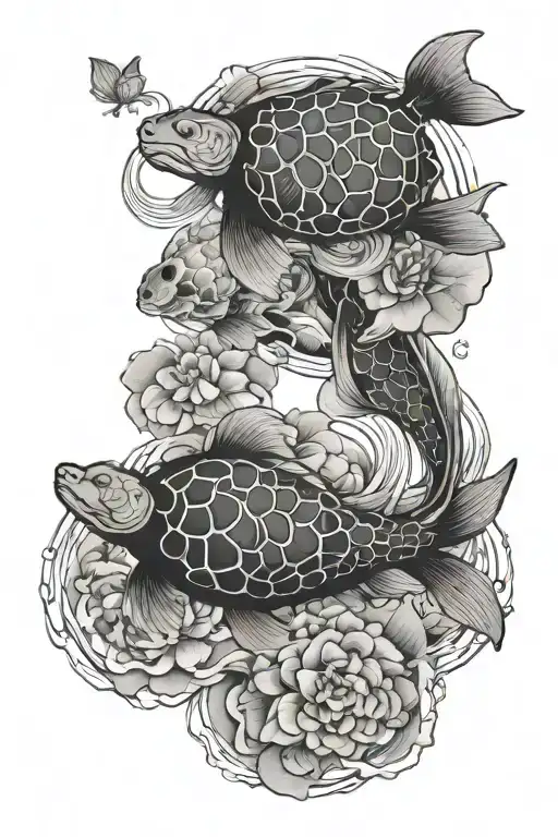 Water, 2 koi fish, 1 seaturtle, lotus flowers, minimalistic  tattoo design idea