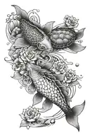 water themed, 2 koi fish, 1 sea turtle swimming, small lotus flowers tattoo design idea