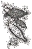 water themed, 2 koi fish, 1 sea turtle swimming, small lotus flowers tattoo design idea
