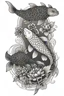 Water, 2 koi fish, 1 seaturtle, lotus flowers, minimalistic  tattoo design idea