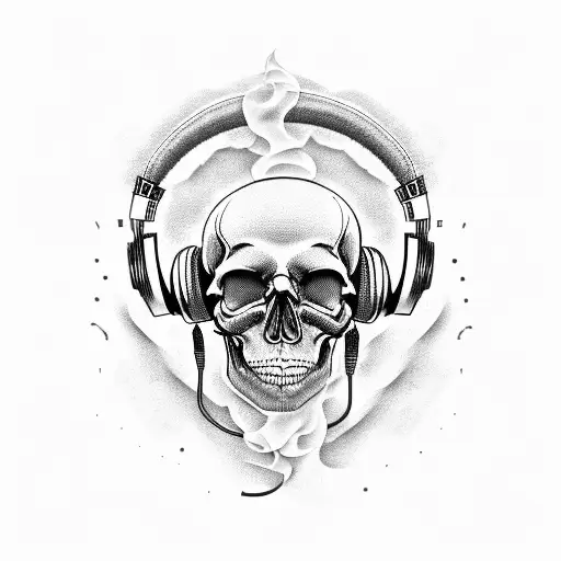 skull, music, headphone, flames, drums  tattoo design idea