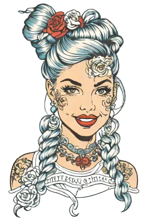 pretty girl, cute smile , headshot, pigtails, red lipstick, blue eyeshadow palette makeup tattoo design idea