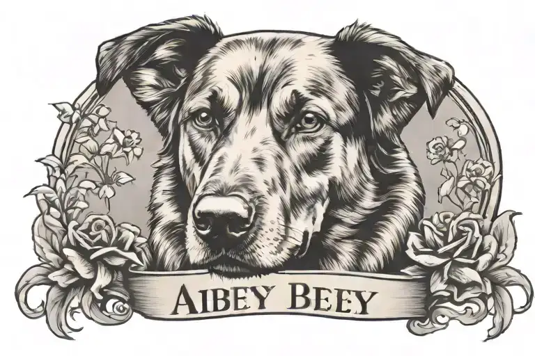 dog memorial with shepherd ears, "Abbey" text tattoo tattoo design idea