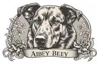 dog memorial with shepherd ears, "Abbey" text tattoo tattoo design idea