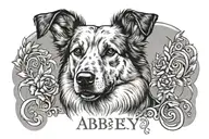 dog memorial with shepherd ears, "Abbey" text tattoo tattoo design idea
