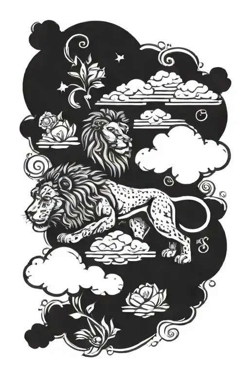 clouds, lions, dates, writing tattoo design idea
