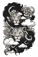 clouds, lions, dates, writing tattoo design idea