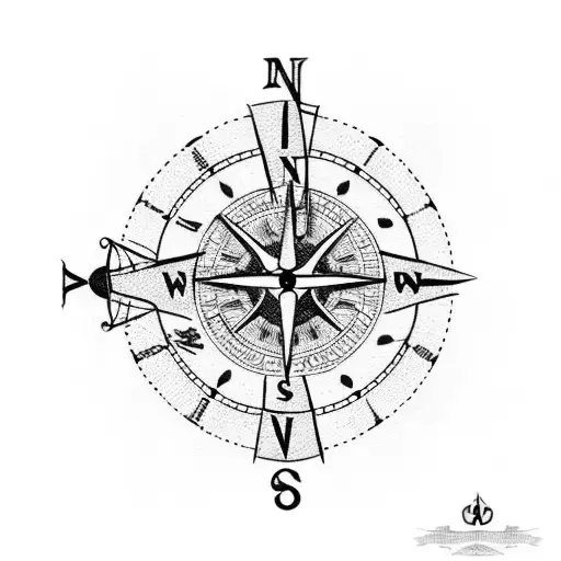 clock compass with anchor tattoo design idea
