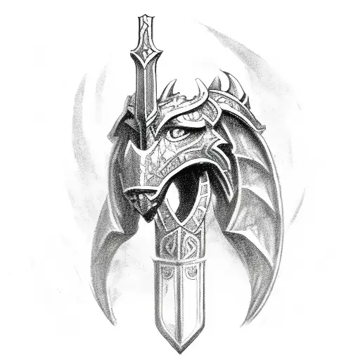 dragonborn paladin kneeling with a spear in his chest tattoo design idea