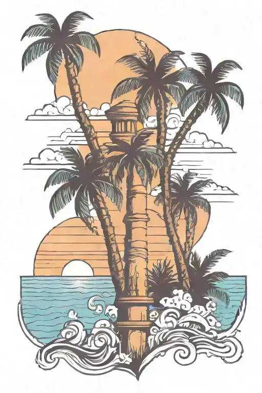 Quarter sleeve tattoo. Tropical. Key West. Minimal color. Sunset. tattoo design idea