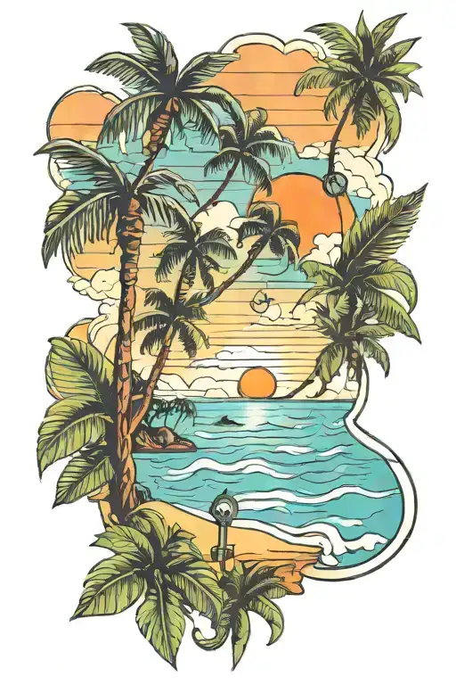 Quarter sleeve tattoo. Tropical. Key West. Minimal color. Sunset. tattoo design idea