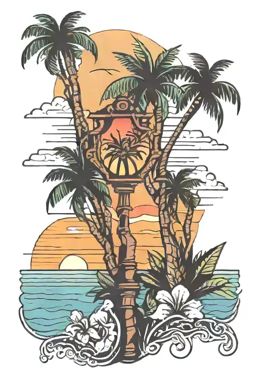 Quarter sleeve tattoo. Tropical. Key West. Minimal color. Sunset. tattoo design idea