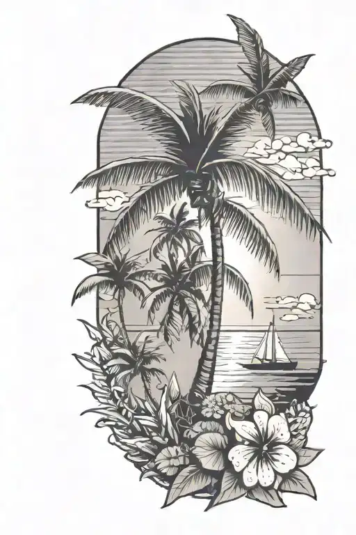Quarter sleeve tattoo. Tropical. Key West. Minimal color. Sunset. tattoo design idea
