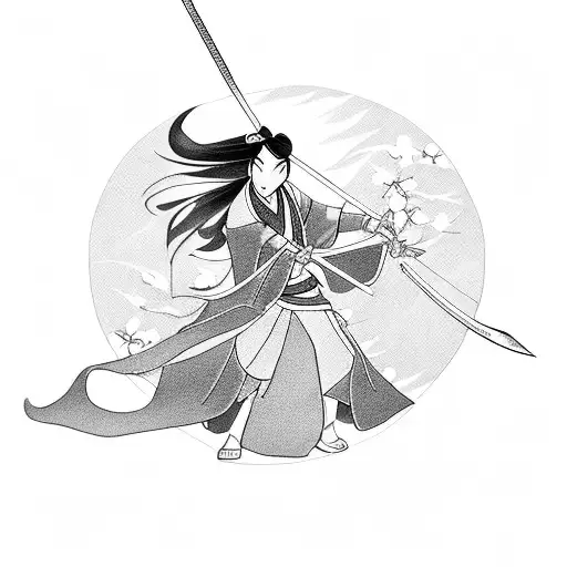 Mulan holing a sword with the characters loyal brave and true in chinese next to her surrounded by cherry blossoms  tattoo design idea