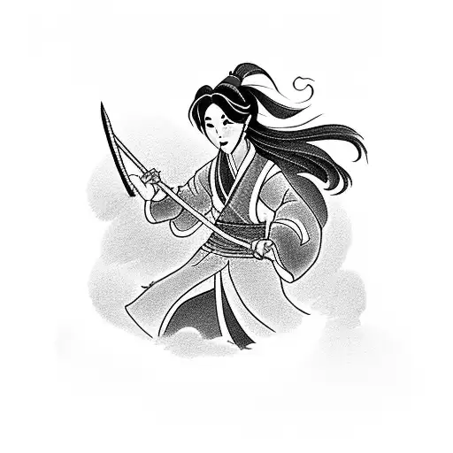 Mulan holing a sword with the characters loyal brave and true in chinese next to her surrounded by cherry blossoms  tattoo design idea
