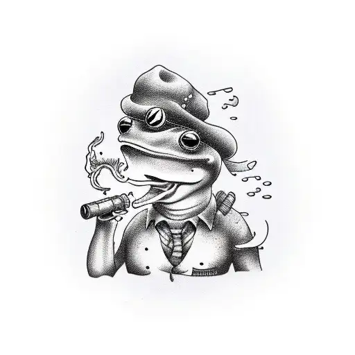frog wearing fisherman sweating and smoking a corncob pipe tattoo design idea