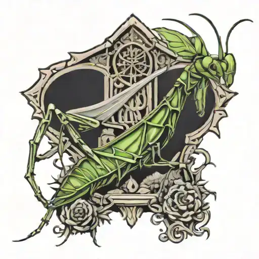 praying mantis tomb stone tattoo design idea